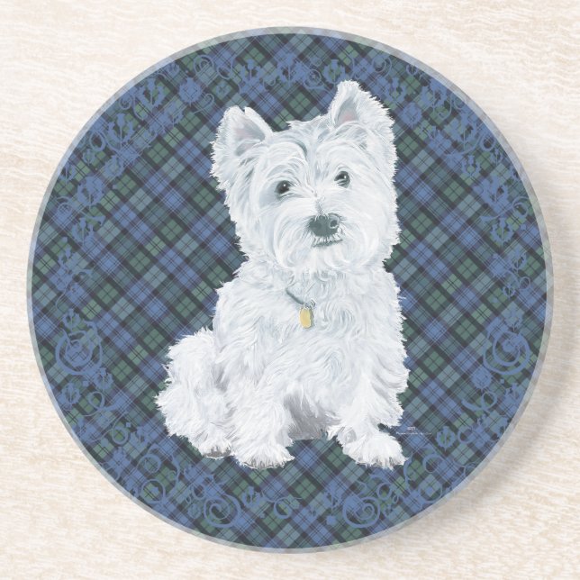 Porta-copos De Arenito Westie Black Watch Tartan (Frente)