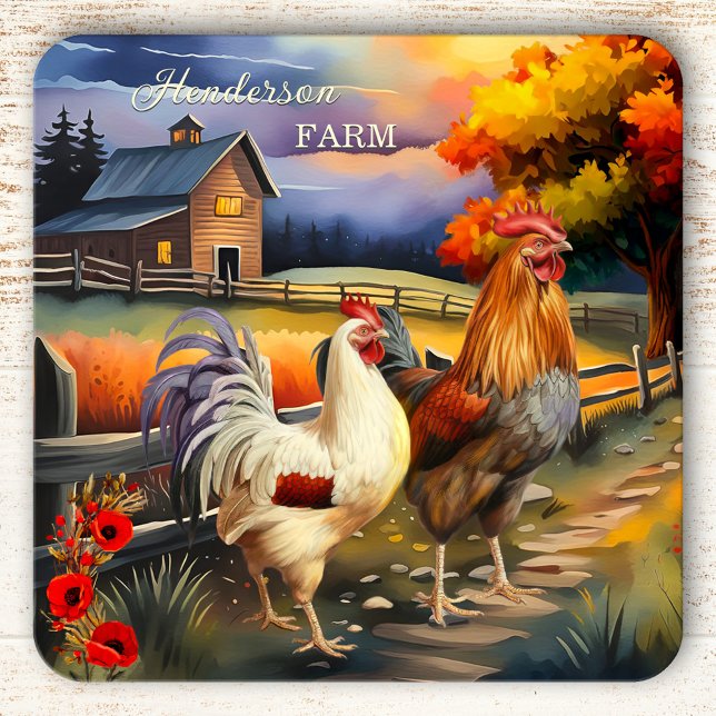Porta copos de Fazenda de Galinha de Arte Fina (Coaster featuring a colorful fine art painting of a farm scene with rooster and chicken. )