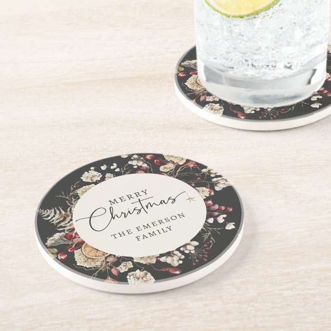 Porta copos de Natal Preta (Black Botanical Christmas Holiday Coasters
)