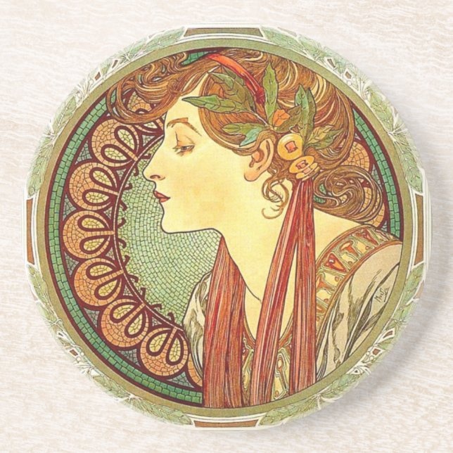 Porta copos de Nouveau da arte de Alphonse Mucha (Frente)