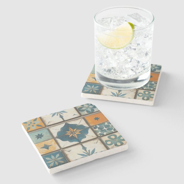 Porta copos de pedra Azulejo do Mosaico mediterrân (Lateral)