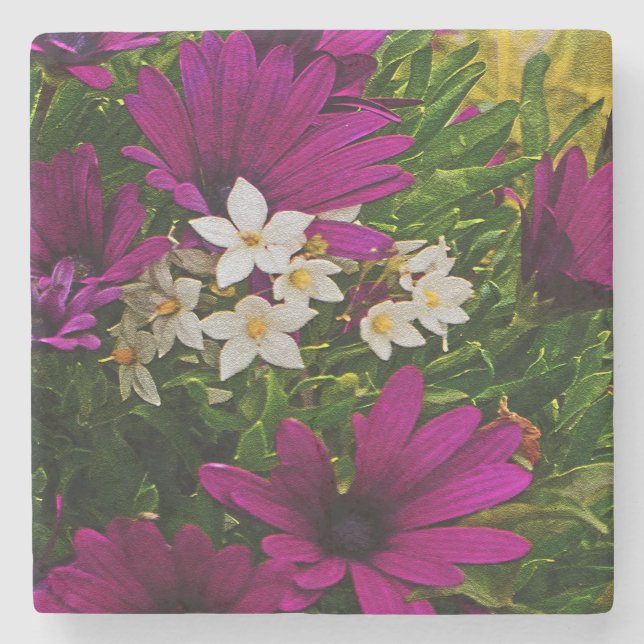 PORTA COPOS DE PEDRA COM FLORES DE RODAS E BRANCOS (Frente)