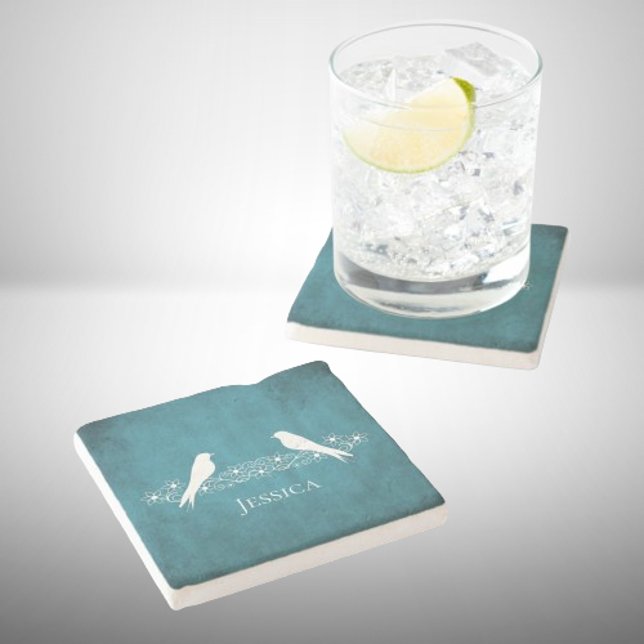 Porta copos de Pedra da Vinha Floral Azul (Blue Lovebirds Floral Vine Stone Coaster)