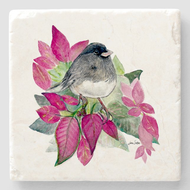 Porta copos de Pedra de Aranha de Pássaro Junco Ol (Dark Eyed Junco Bird Watercolor Art Stone Coaster from Jenn's Emporium.)