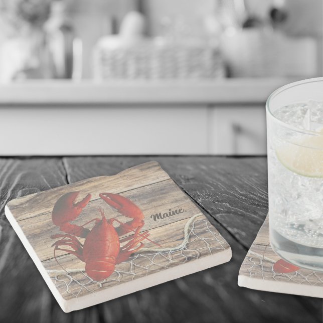 Porta copos de Pedra de Lagosta com Rede de Peixes (Perfect everyday Maine lobster coasters, ready to be personalized! )