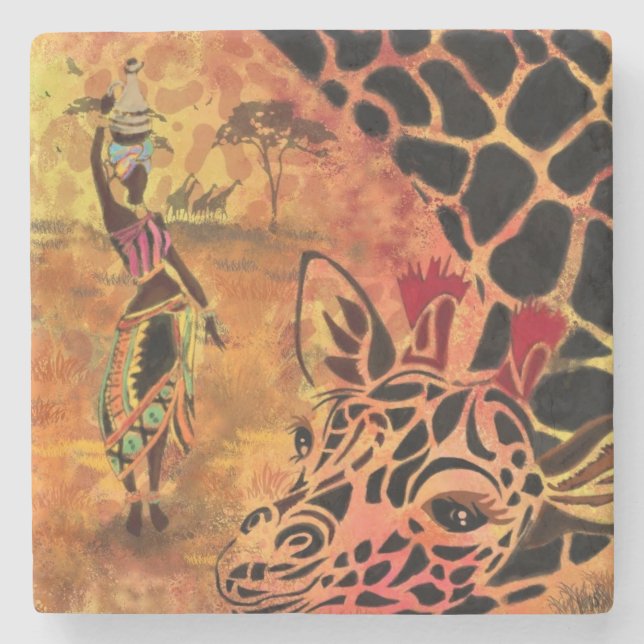 Porta copos de Pedra de Mulher e Girafa Africano (Frente)