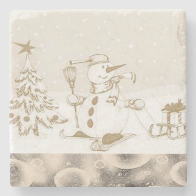 Porta copos de Pedra Marble de Natal, Snowman (Frente)