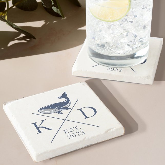 Porta copos de pedra Marinho de baleia monograma n (Immerse yourself in the calming, serene energy of the sea with our Monogram Whale Stone Coaster)