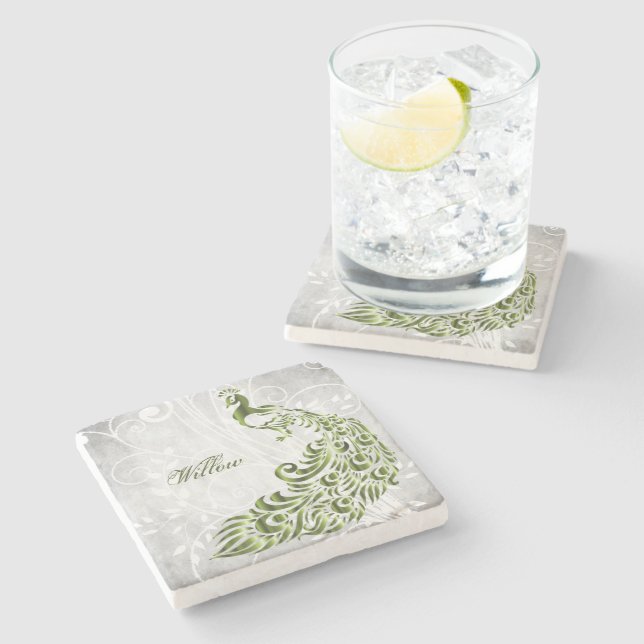 Porta copos de Pedra Personalizada de Peacock Verd (Lateral)