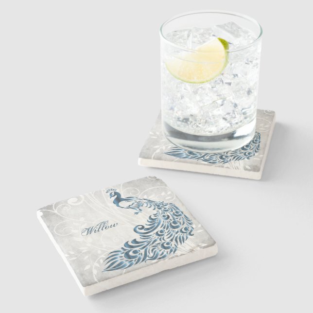 Porta copos de Pedra Personalizada do Pavão Azul (Lateral)