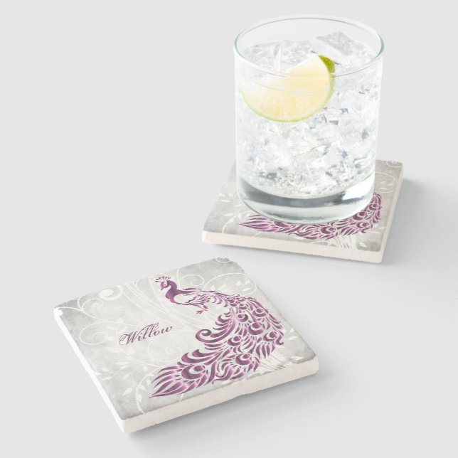 Porta copos de Pedra Personalizada Magenta Peacock (Lateral)