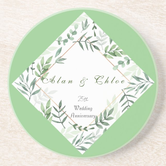 Porta copos de Sandstone de Casamento Botânico Ver (Frente)