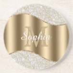 Porta-copos Diamonds, Large Gold Monogram, White Script Name<br><div class="desc">Personalize large gold monogram and name in white script on gold wave with diamonds.</div>