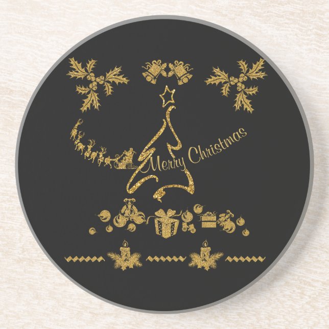 Porta-copos Dourada Glitter Feliz Natal, Papai Noel (Frente)