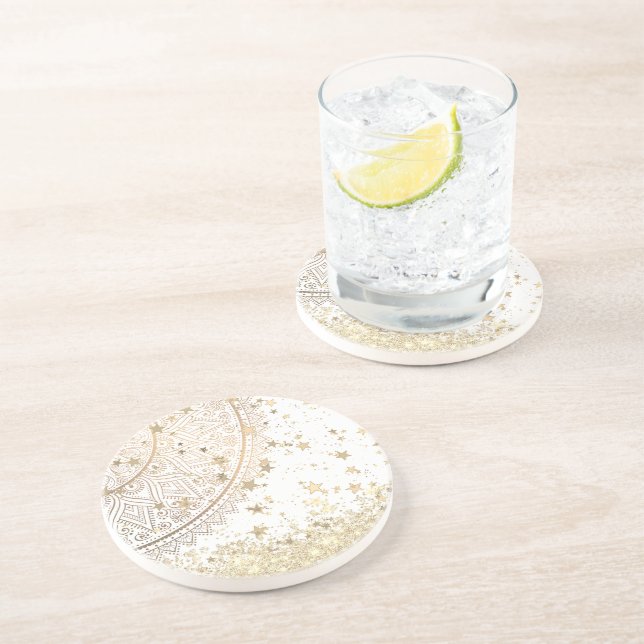 Porta-copos Dourado Lotus Mandala com Douradas estrelas em bra (Lateral)