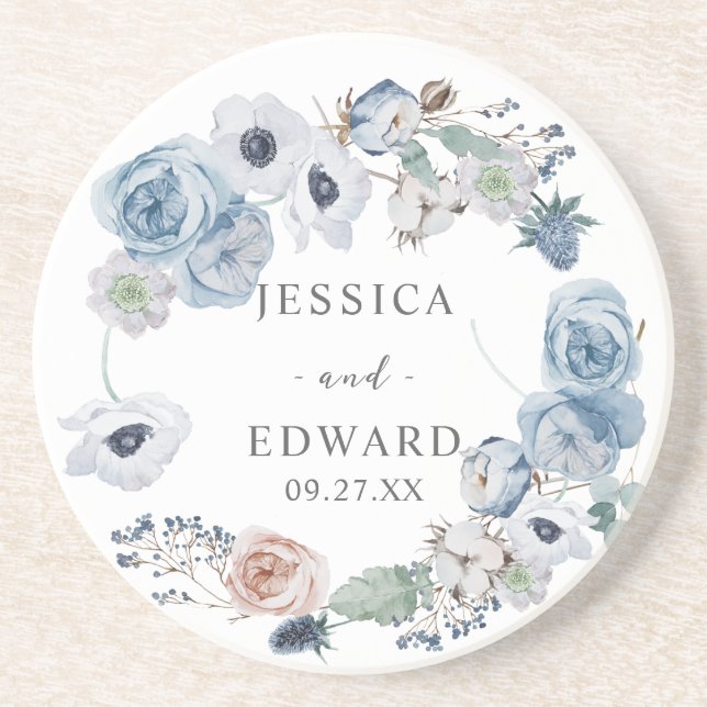 Porta-copos Dusty Blue Rustic Wedding Floral (Frente)