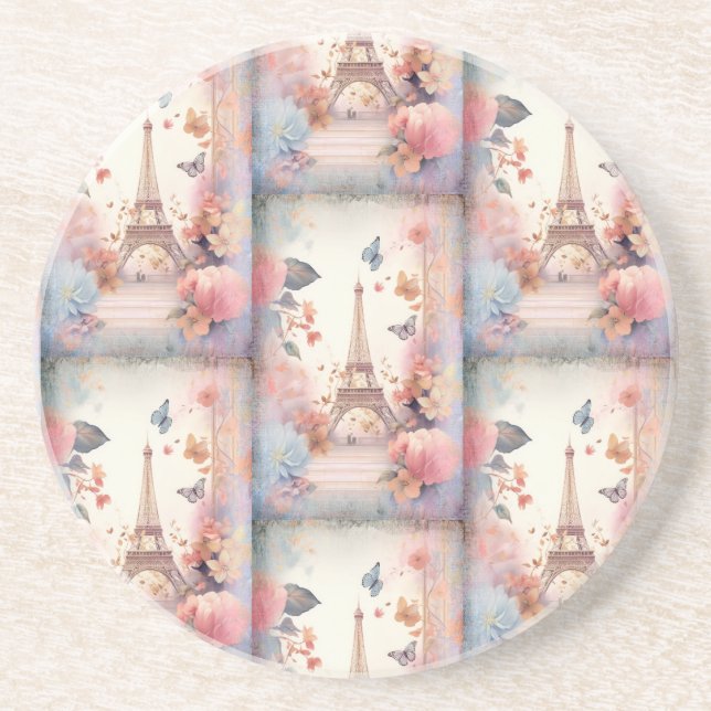 Porta-copos Eiffel Tower Butterflies and Flowers (Frente)