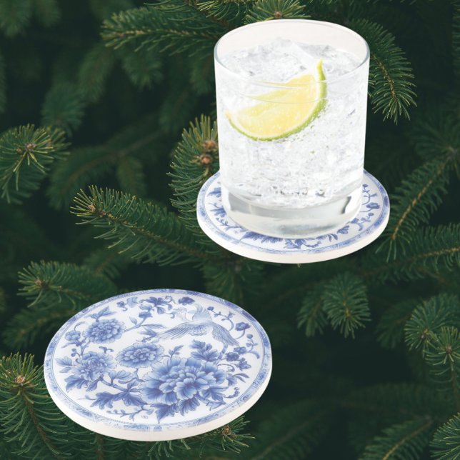 Porta-copos Elegant Chinoiserie Blue White Sandstone Coasters (Elegant blue and white chinoiserie coasters)