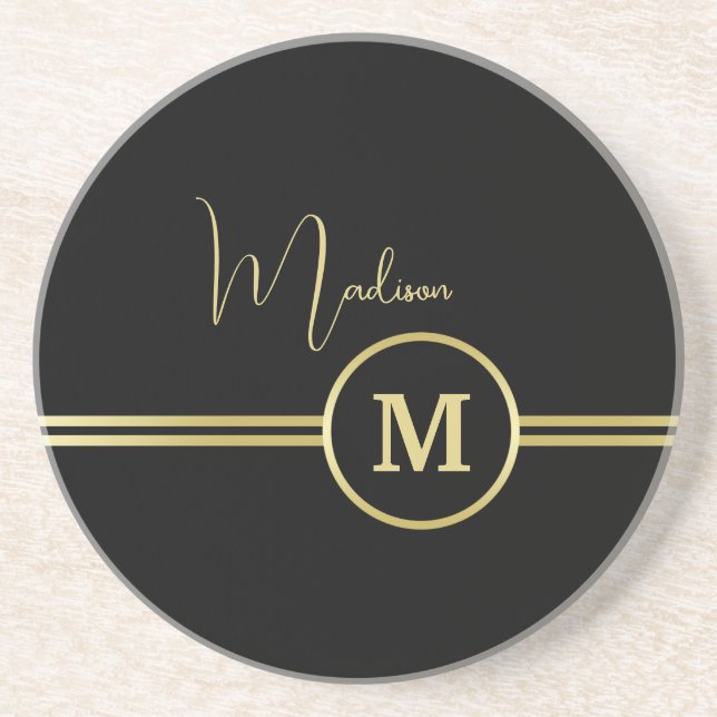 Porta-copos Elegant Gold Signature Monogram on Black (Frente)