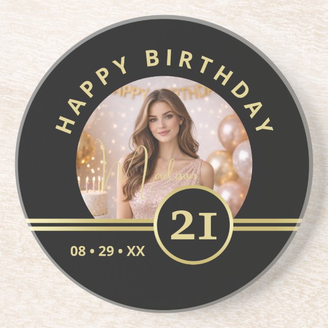 Porta-copos Elegant Gold Signature Monogram with Photo (Frente)