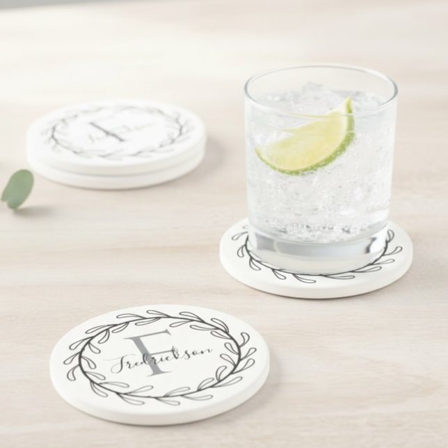 Porta-copos Elegant Monogram Laurel Leaf Home Decor (Realtor Closing Gift Wreath Monogram Coasters)