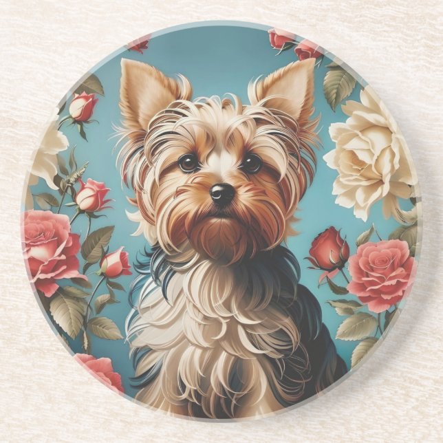 Porta-copos Elegant Yorkshire Terrier Portrait Rosa Garden (Frente)