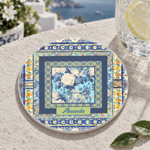Porta-copos Elegante azulejo floral azul chinês monograma