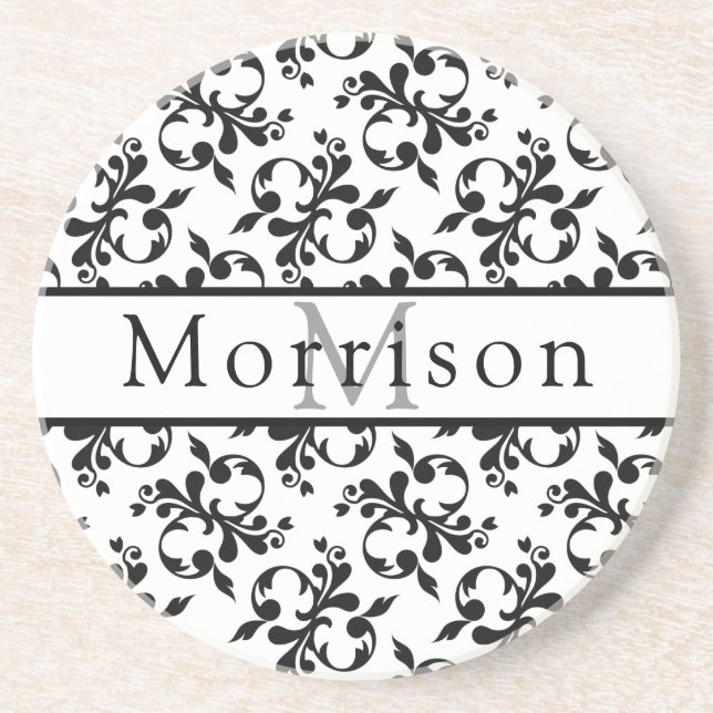 Porta-copos Elegante Cor damasco de francês preto e branco (Frente)