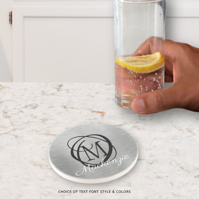 Porta-copos Elegante Silver Bruted Metal Monograma Nome Na mod (Criador carregado)