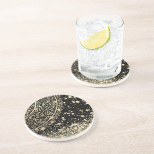 Porta-copos Encantando Mandala com Douradas Estrelas em Preto 