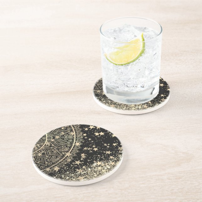 Porta-copos Encantando Mandala com Douradas Estrelas em Preto  (Lateral)