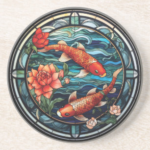 Porta-copos Estilo de Vidro Asiático Koi Fish e Camellias