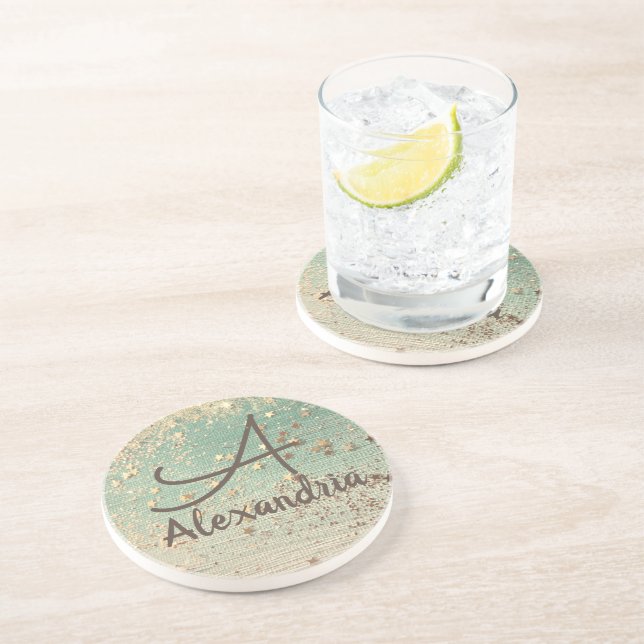 Porta-copos Estrelas Douradas do Monograma em Verde Mar (Lateral)