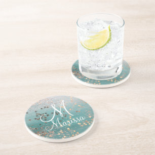 Porta-copos Estrelas Douradas do Monograma no Teal