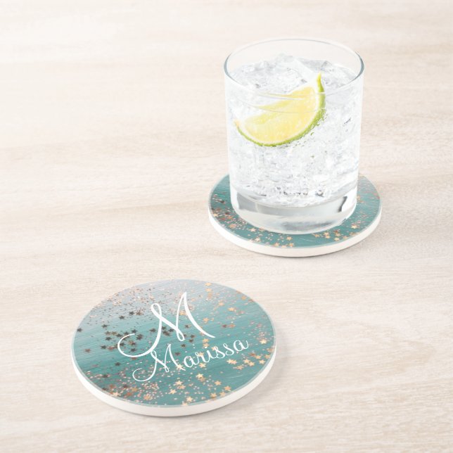 Porta-copos Estrelas Douradas do Monograma no Teal (Lateral)