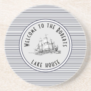 Porta-copos Etiqueta e nome de Vintage de Marinho Blue Stripe