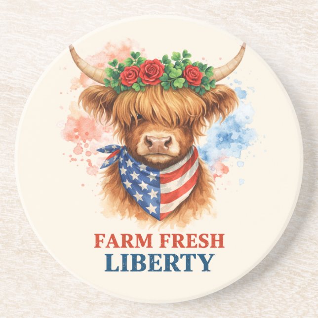 Porta-copos Farm Fresh Liberty Highland Cow Patriotic USA Art (Frente)