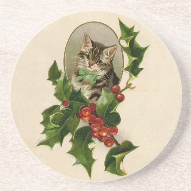 Porta-copos Feliz de Natal Holly Kitten Arte Antiquada (Frente)