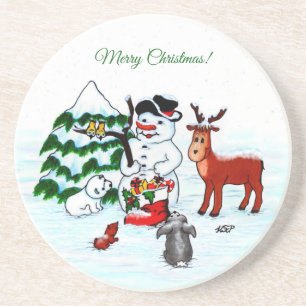 Porta-copos Feliz Natal! Homem de Neve com Amigos