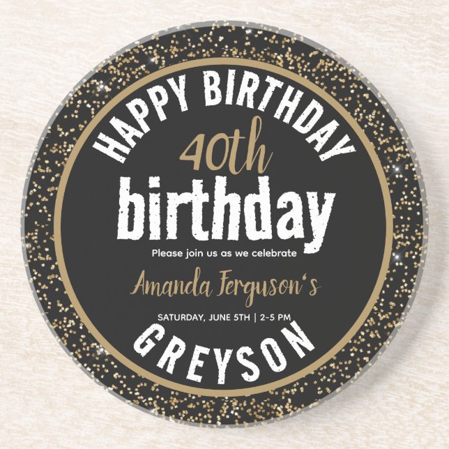 Porta-copos Festa Elegante de aniversário de 40 anos Preto e D (Frente)