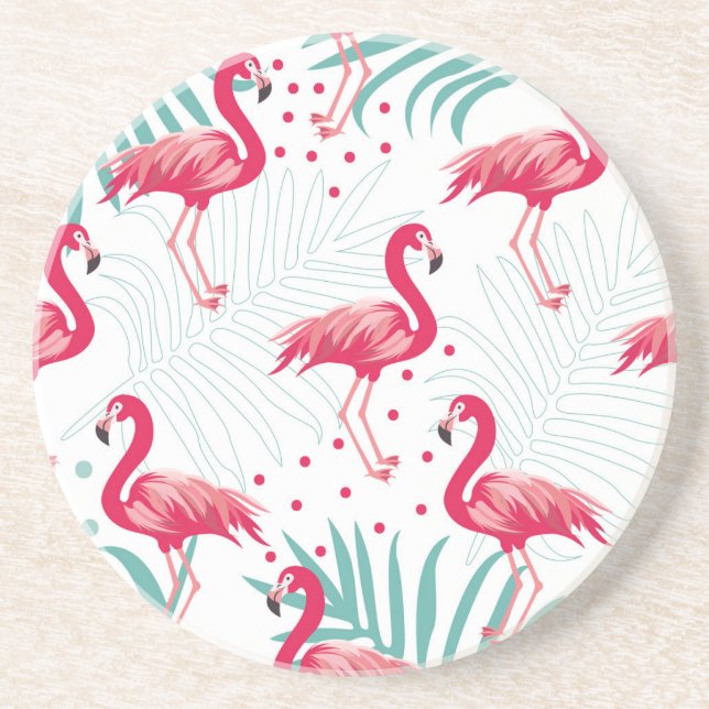 Porta-copos Flamingo tropical e folhas, padrão de verão. (Frente)