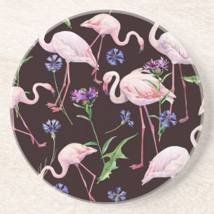 Porta-copos Flamingos em aquarela e padrão de flores silvestre