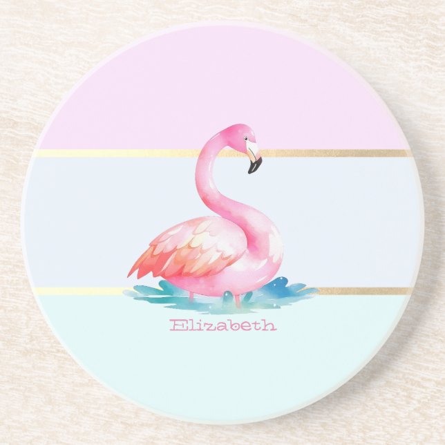 Porta-copos Flamingos Rosa Listras Pastel Modernas (Frente)