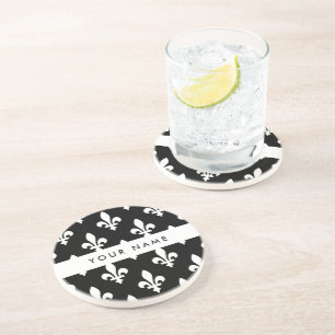 Porta-copos Flor de Lis, Branco sobre Preto, Branco, Seu Nome