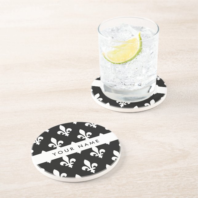 Porta-copos Flor de Lis, Branco sobre Preto, Branco, Seu Nome (Lateral)