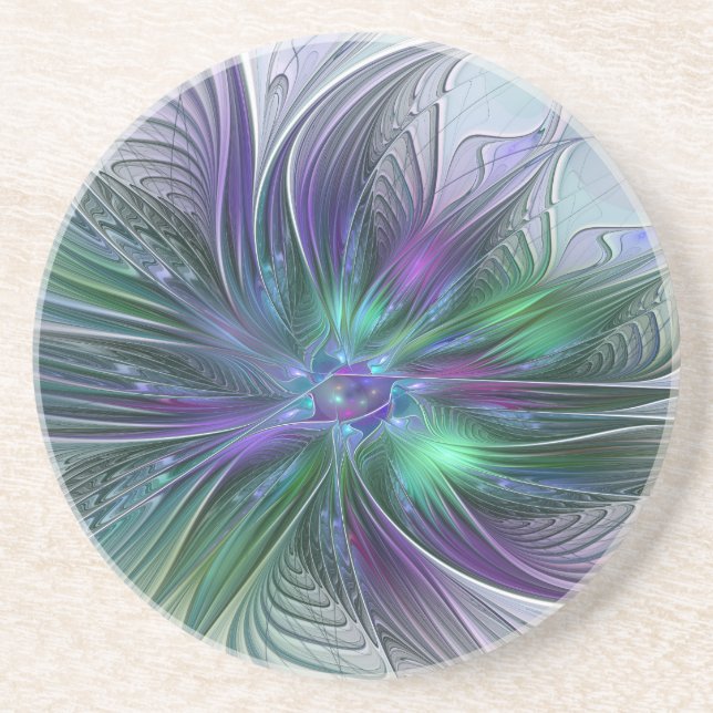 Porta-copos Flor Moderna Abstrata Fractal Verde Roxo (Frente)