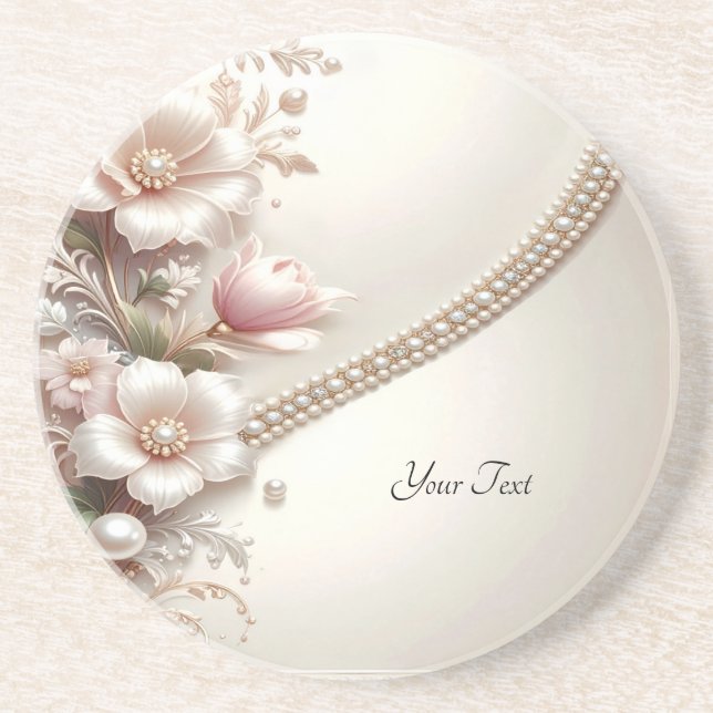Porta-copos Floral and Pearl Embellishments Sandstone Coaster (Frente)