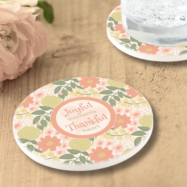 Porta-copos Floral Coaster Set – Gratitude-Inspired Home Decor (Joyful & Thankful Round Sandstone Floral Coaster Set – Gratitude-Inspired Home Decor)