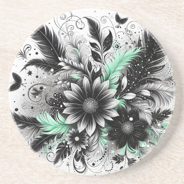 Porta-copos Floral preto e verde (Frente)