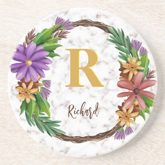 Porta-copos Floral Wreath Inicial Letra Monograma Nome Marble (Frente)